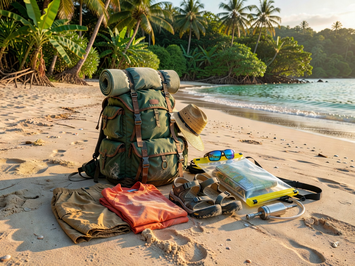 Backpack and adventure equipment prepared for tropical island hopping