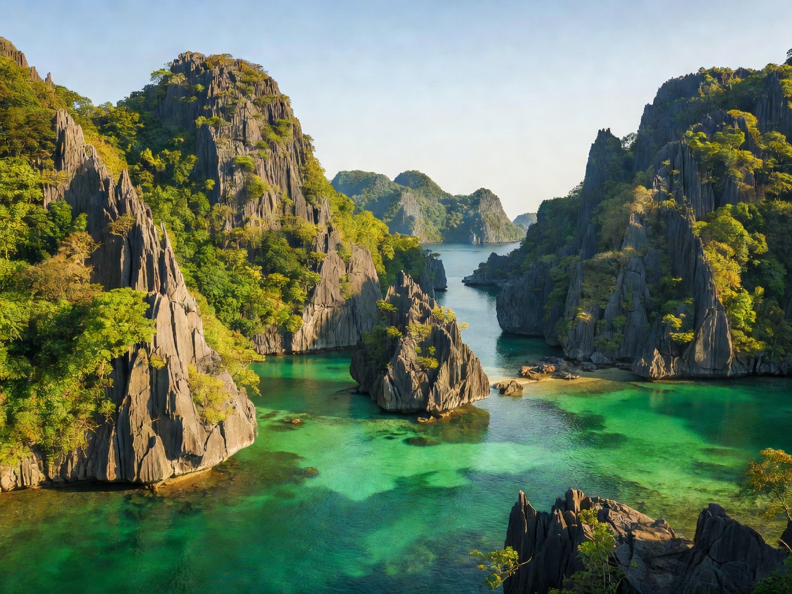 Karst limestone cliffs and emerald lagoons in El Nido Palawan Philippines