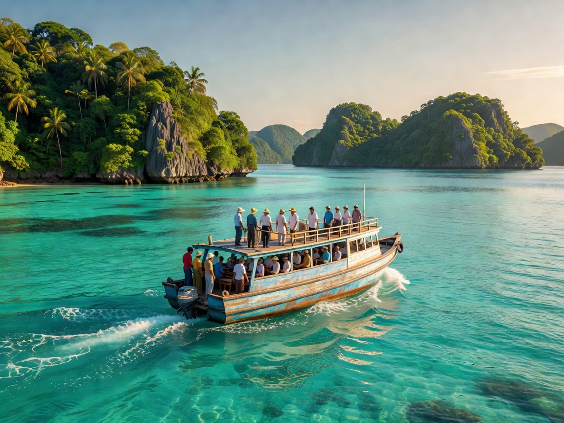 Motorized ferry navigating pristine turquoise waters in Southeast Asia