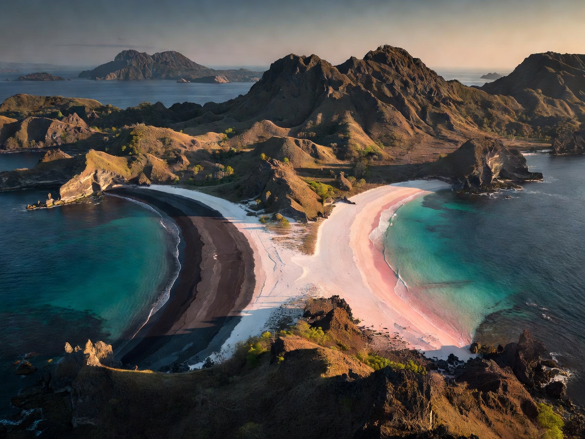 Padar island dramatic triple beach panorama in Komodo National Park