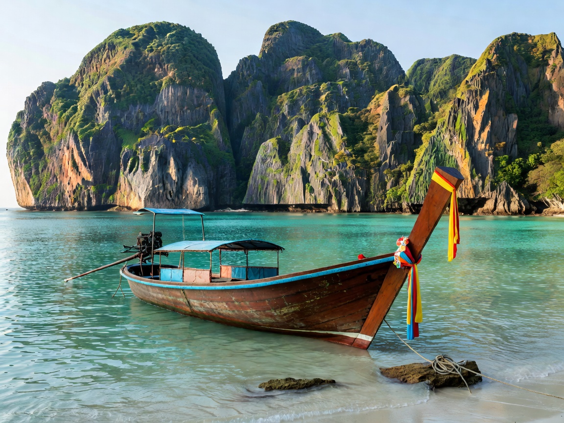Traditional Thai longtail boat anchored near Railay karst rocks in Krabi Thailand