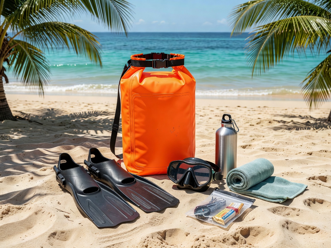 Essential tropical expedition packing gear arranged neatly on dark surface