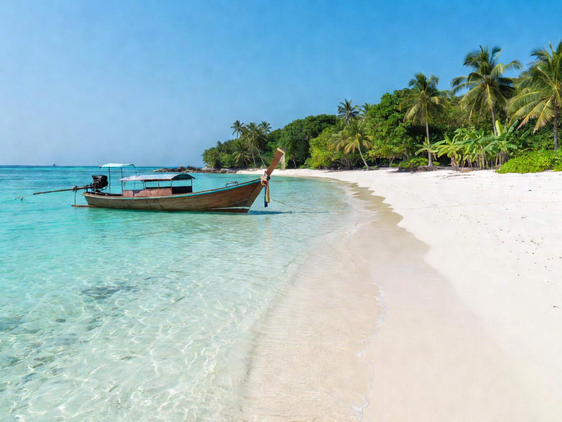 Tropical pristine beach in Southeast Asia with clear turquoise waters and longtail boat